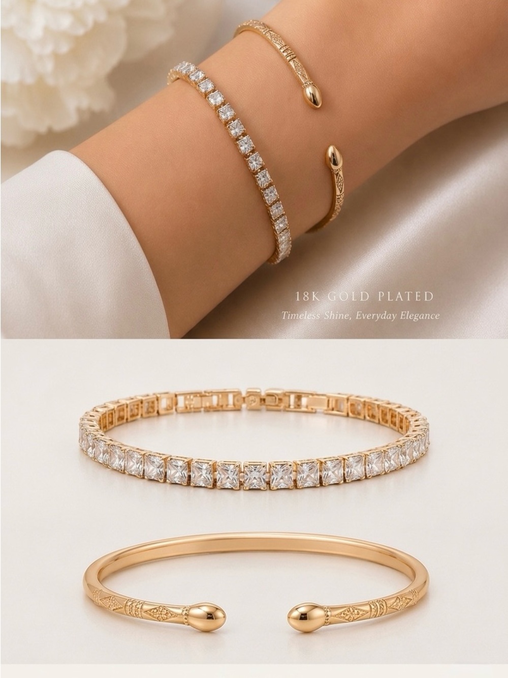18K Gold Plated 2-Piece Bracelet Stack Set | Indian Bangle & CZ Tennis Bracelet